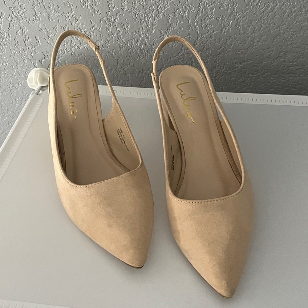 SOLD | Lulus Pauda Light Nude Suede Pointed-Toe Slingback Pumps